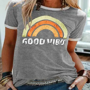 Damen Vintage Regenbogen Grafik Kurzarm grau Ringer T-Shirt Freizeit-Top für den Alltag