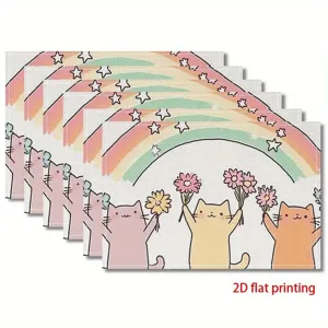 Linen table placemat with cute cartoon cat and rainbow print, heat resistant dining table mat