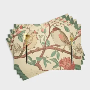 Vintage floral bird print linen placemat for dining table decoration and heat insulation