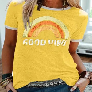 Damen kurzarm t-shirt mit guter laune regenbogen muster rundausschnitt gelbes top