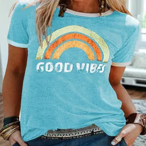 Lockerer Damen Vintage Regenbogen Grafik Print Kurzarm Ringer T-Shirt Sommer Oberteil.