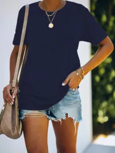 Solid color dark blue short sleeve t-shirt detail view, casual daily apparel style.