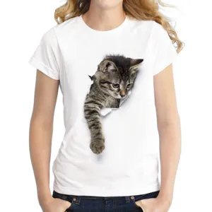 Women's short sleeve white t-shirt featuring 3d cute cat print casual summer top tee shirt