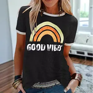Damen Vintage Regenbogen Druck Ringer T-Shirt Kurzarm Freizeit Schwarzes Oberteil