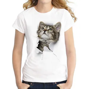 Detailed view of women short sleeve white t-shirt featuring a cute 3D cat print design.