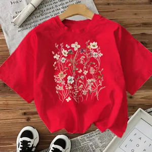 Red short sleeve cotton t-shirt for women with beautiful vintage botanical flower print top.