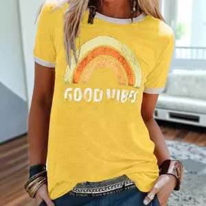 Damen Vintage Regenbogen Good Vibes Print Ringer T-Shirt Gelb Kurzarm Freizeitoberteil