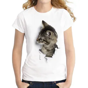 Detailed view of the 3D broken clothes cat print women's white casual short sleeve t-shirt.