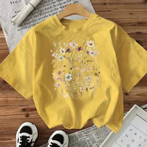 Women cotton floral print short sleeve t-shirt casual summer vintage streetwear tee top