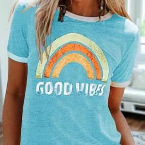 Damen Vintage Regenbogen Grafik Ringer T-Shirt Kurzarm Sommer Oberteil Good Vibes