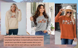 Detail display of the women Halloween coffee pumpkin graphic sweatshirt long sleeve top.