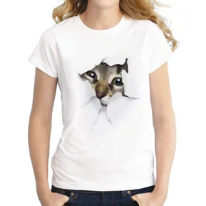 Women's 3D cute cat print short sleeve white t-shirt, casual summer graphic tee top.