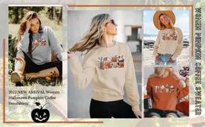 Women Halloween pumpkin coffee graphic print long sleeve casual crewneck pullover sweatshirt.