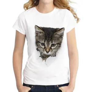 Women cat print short sleeve t-shirt casual summer top detail view showing cute kitten graphic.