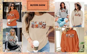 Women Halloween Pumpkin Coffee Cup Print Long Sleeve Sweatshirt Casual Autumn Pullover