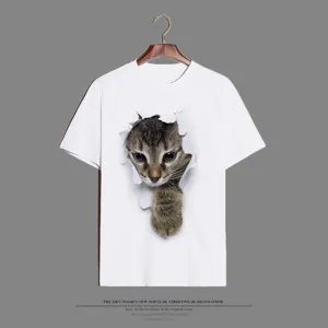 Detail shot of the 3D peeking cat graphic printed on the soft white cotton fabric surface.