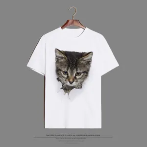 Detailed view of the cute cat print short sleeve loose women t-shirt for daily casual wear.