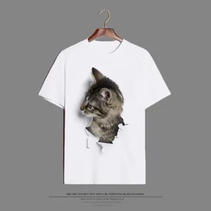 Details of the white short-sleeve T-shirt featuring a unique 3D cat print design.