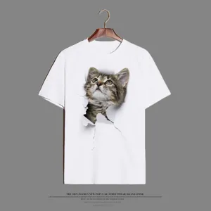 Women's Short Sleeve T-Shirt Casual Summer Tee with 3D Funny Cat Breaking Through Print