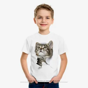 Maglietta manica corta bambino con stampa gatto strappato 3D, t-shirt bianca in cotone.