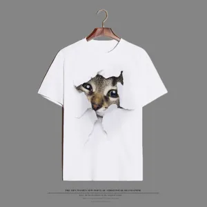Casual white short sleeve t-shirt featuring a unique 3d cat rip print design for daily.