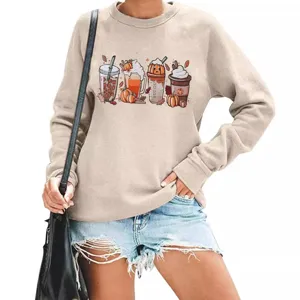Women Casual Long Sleeve Crew Neck Sweatshirt Halloween Pumpkin Coffee Print Pullover Top Fall Fashion Graphic Tops