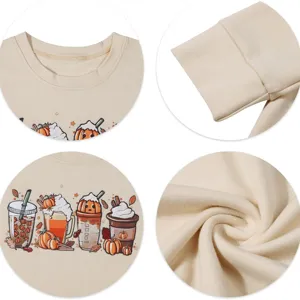 Women cute autumn pumpkin coffee graphic long sleeve sweatshirt casual beige pullover top