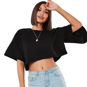 Women solid black short sleeve crop top casual basic summer t-shirt primary main view item