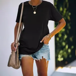 Women solid color short sleeve casual t-shirt basic round neck summer daily wear top.