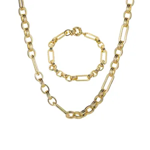 Chunky gold chain necklace and bracelet set, trendy geometric link jewelry for women daily.