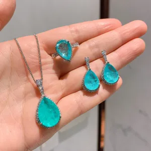 Mode Vergoldet Tropfenform Paraiba Stil Simulation Blau Edelstein Anhänger Halskette Offener Ring Ohrstecker Schmuckset Für Damen Bankett Party Zubehör