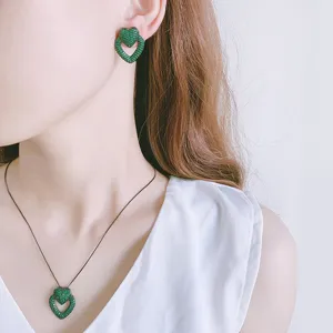 Ensemble Boucles D Oreilles Collier Cœur Strass Vert Élégant Bijoux Mode Femme Chic