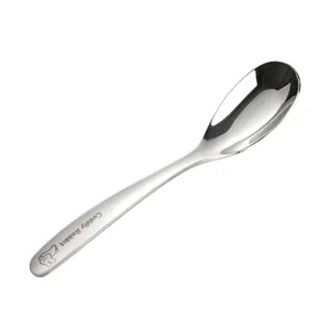 Stainless steel baby feeding spoon with cute rabbit engraving, safe and durable for toddlers.