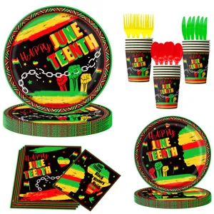 Juneteenth party supplies tableware set including paper plates cups napkins and cutlery for celebration.