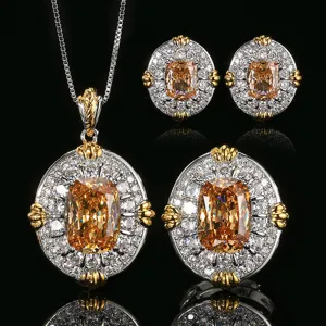 Parure de Bijoux en Laiton Plaqué Or Zirconia Taille Coussin Champagne Design Nid d'Oiseau Creux Collier Boucles d'Oreilles Bague