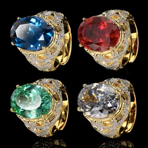 Vintage Gold Plated Copper Oval Gemstone Ring For Women Luxury Rhinestone Inlaid Green Red Blue Black Finger Ring Jewelry