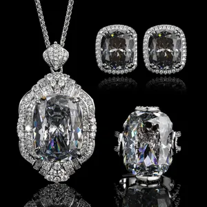 Parure de Bijoux de Luxe en Laiton Zirconia Vintage Noir Gris Nid d'Oiseau Collier Pendentif Bague Boucles d'Oreilles