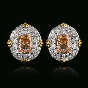 Boucles d'oreilles plaqué or champagne zircone cubique vue détaillée double halo.