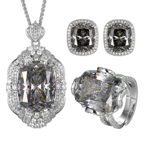 Nouvel ensemble de bijoux en zircone noir-gris style vintage collier boucles d'oreilles.