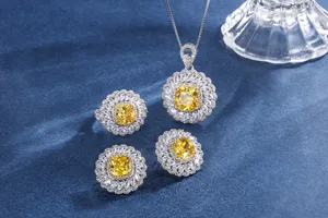 Vue détaillée de l'ensemble de bijoux luxueux en cristal jaune avec pendentif et bagues.