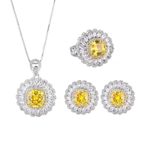 Magnifique ensemble de bijoux en zircone jaune collier bague boucles doreilles