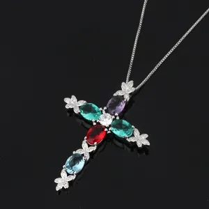 Women's Multicolor Zirconia Cross Pendant Necklace Copper Micro-inlaid Colorful Zirconia Necklace Elegant Jewelry Gift for Her