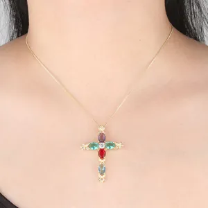 Gold plated multi-color zircon cross pendant necklace with delicate box chain jewelry.