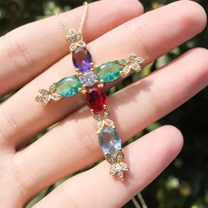 Colorful zirconia cross pendant necklace for women, gold plated micro pave jewelry fashion.