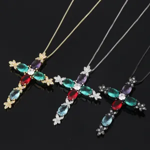 Stunning micro-inlaid multi-color zircon cross pendant necklace with elegant box chain design.