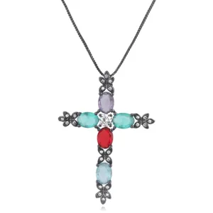 Stunning multi-color cubic zirconia cross pendant necklace with elegant box chain for women.