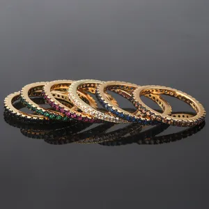 Elegant multi-color cubic zirconia eternity ring set, stylish micro-pave geometric rings.
