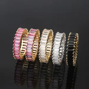 Baguette Cut Colorful Zirconia Eternity Ring For Women Copper Gold Silver Plated Rainbow Stackable Band Fashion Jewelry Gift