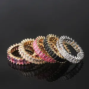 Colorful Zircon Baguette Cut Eternity Ring Set Copper Women Fashion Jewelry Ring