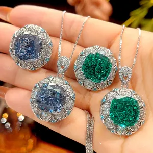Vintage Brass Gold Plated Zirconia Jewelry Set Simulated Paraiba Green Blue Sapphire Flower Pendant Necklace Open Ring For Women Elegant Party Jewelry